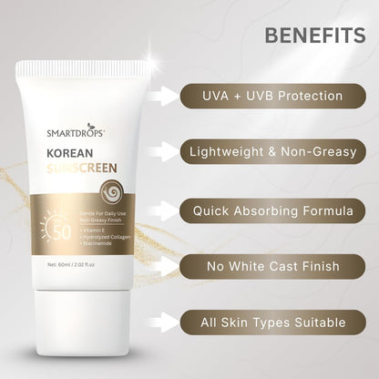 Smartdrops Korean Sunscreen SPF 50 Broad Spectrum UV Protection Lightweight Face & Body Suncream Non Greasy Daily Use For All Skin Types- 60ml (Pack 1)