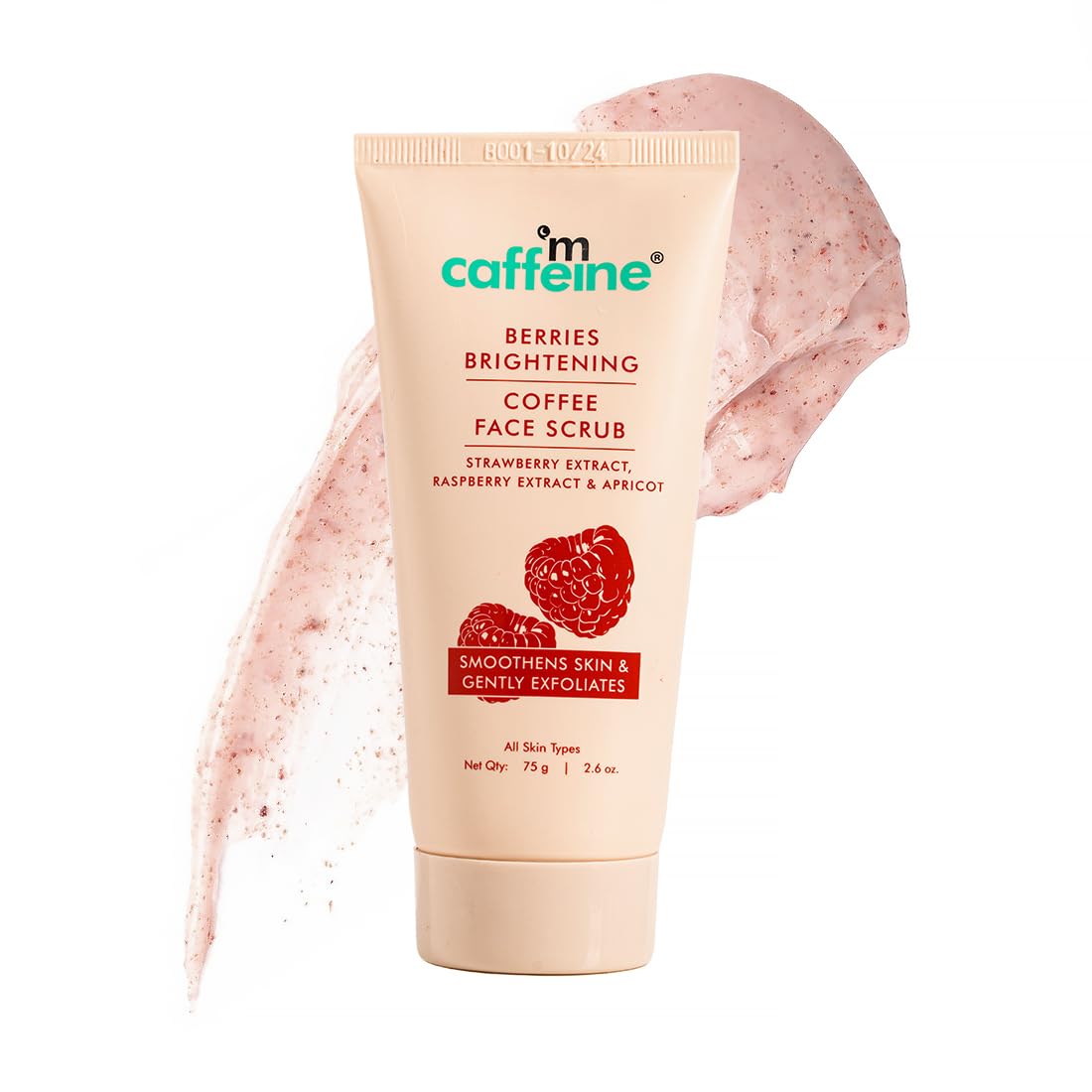 Caffeine Berries Brightening Coffee Face Scrub with a smear of product on a white background
