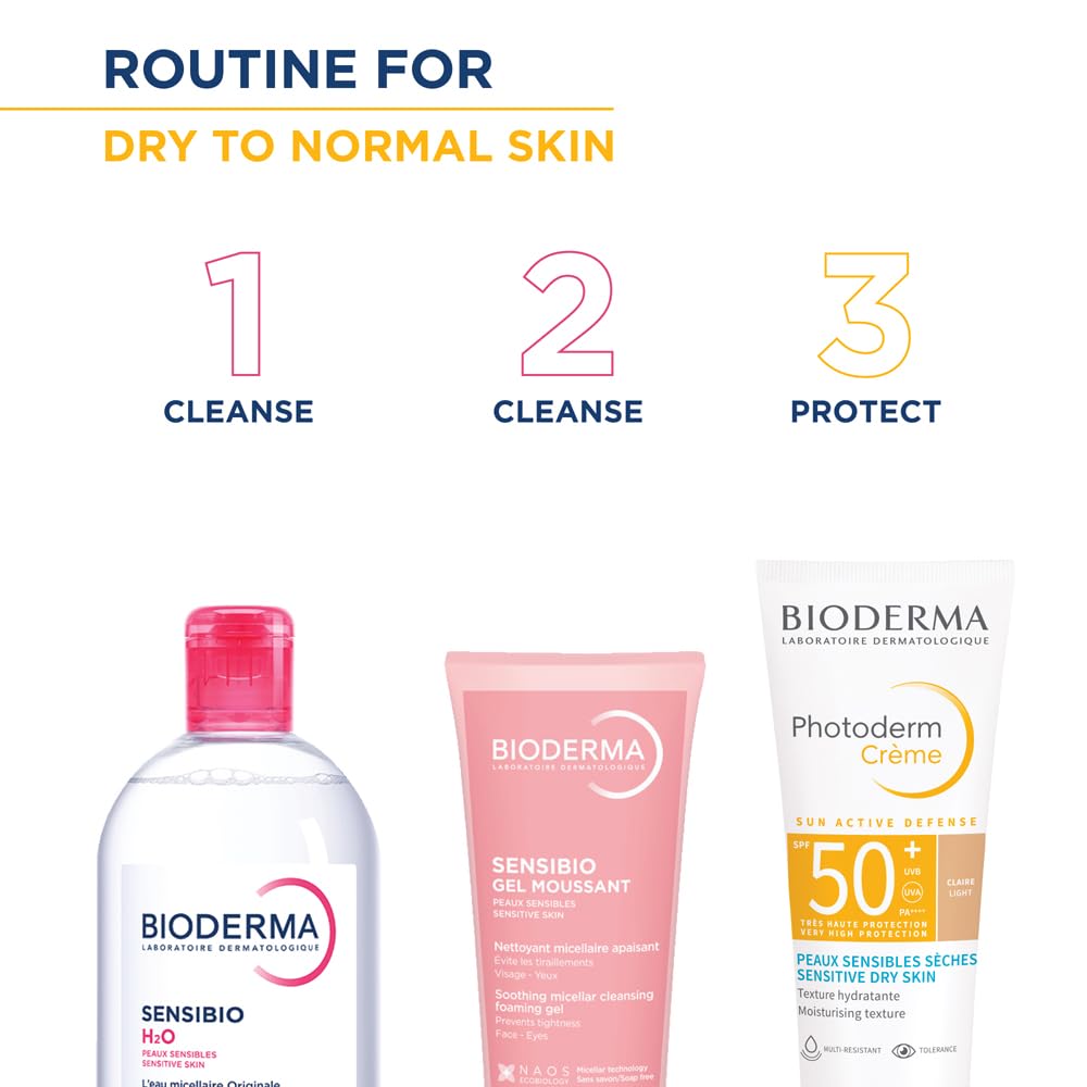 Bioderma skincare products with step-by-step routine for dry to normal skin on a white background.