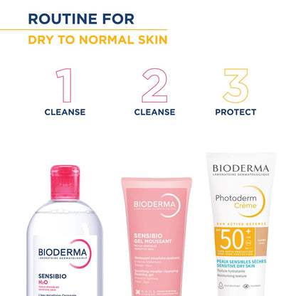 Bioderma skincare products with step-by-step routine for dry to normal skin on a white background.