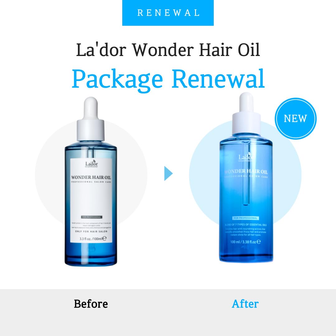 LADOR Wonder Hair Oil (100ml) Korean Lightweight Hair Oil with 7 Essential Plant Oil & Vitamin E, Deep Moisture, Frizz Control, Heat Protection & Shine Booster, Smooths Dry, Damaged Hair, Non-Greasy, Soft, Glossy Finish