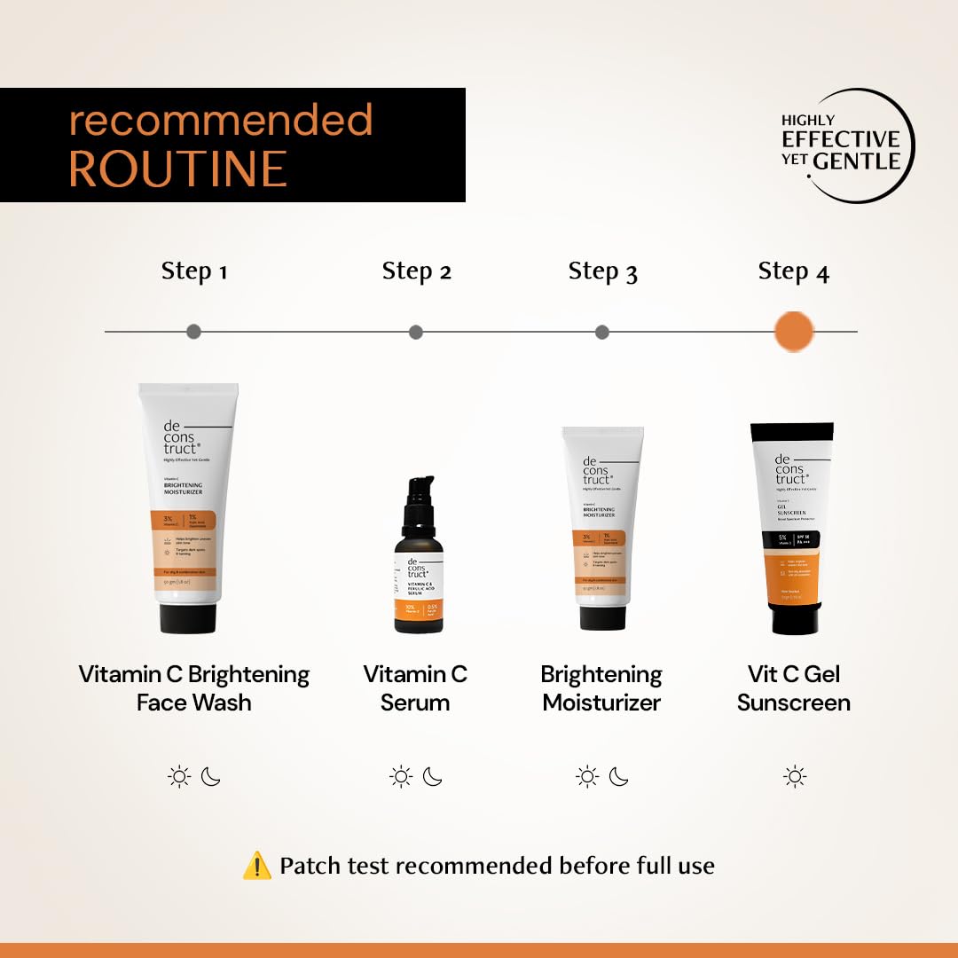 Skincare routine with products and steps on a beige background