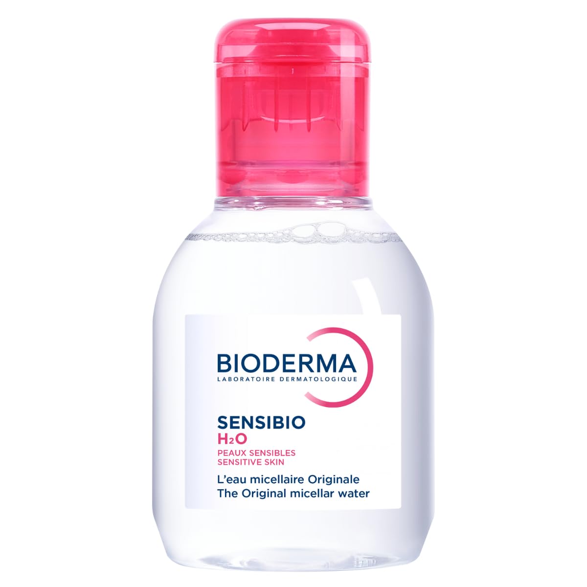 Bioderma Sensibio H2O bottle with pink cap on a white background