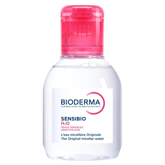 Bioderma Sensibio H2O bottle with pink cap on a white background