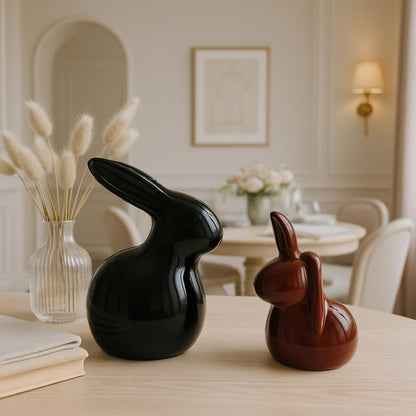 Home Décor Ceramic Rabbit Figurines (Set of 2, Black and Brown)