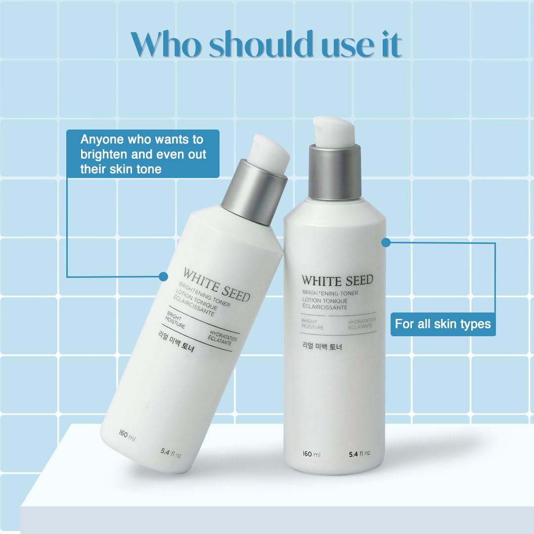 Two skincare bottles labeled 'White Seed' on a light blue tiled background.