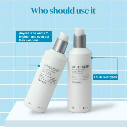 Two skincare bottles labeled 'White Seed' on a light blue tiled background.