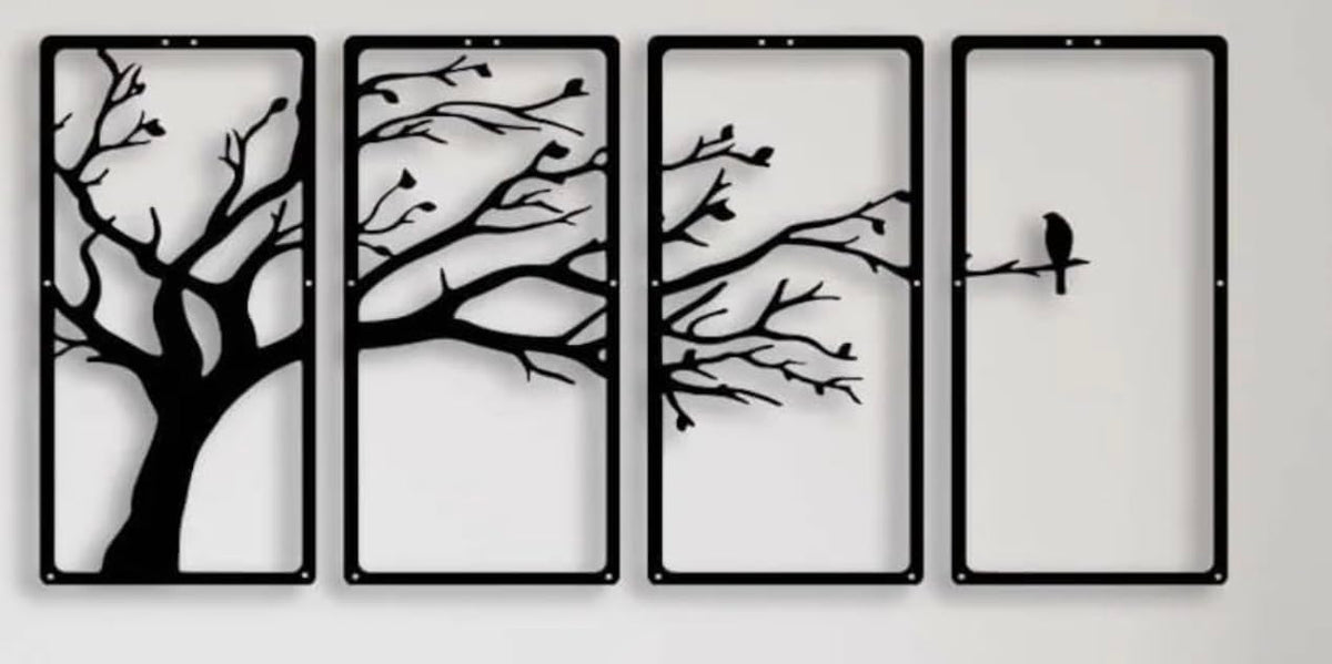 Modern 4-Piece Tree Wall Art Panel Set | Branch & Birds Design | MDF Wooden Wall Hanging | 3D Matte Finish | Items For Living Room/Bedroom/Drawing Room/Dining Room | 40x22 cm Each - Black