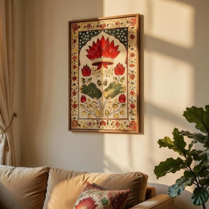 Royal Lotus Floral Wall Painting with Wooden Frame | Traditional Lotus Artwork HD UV Laminated MDF Wall Decor | Elegant Botanical Lotus Art for Living Room Bedroom Home Decor 13.5 Inch x 19.5 Inch