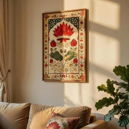 Royal Lotus Floral Wall Painting with Wooden Frame | Traditional Lotus Artwork HD UV Laminated MDF Wall Decor | Elegant Botanical Lotus Art for Living Room Bedroom Home Decor 13.5 Inch x 19.5 Inch