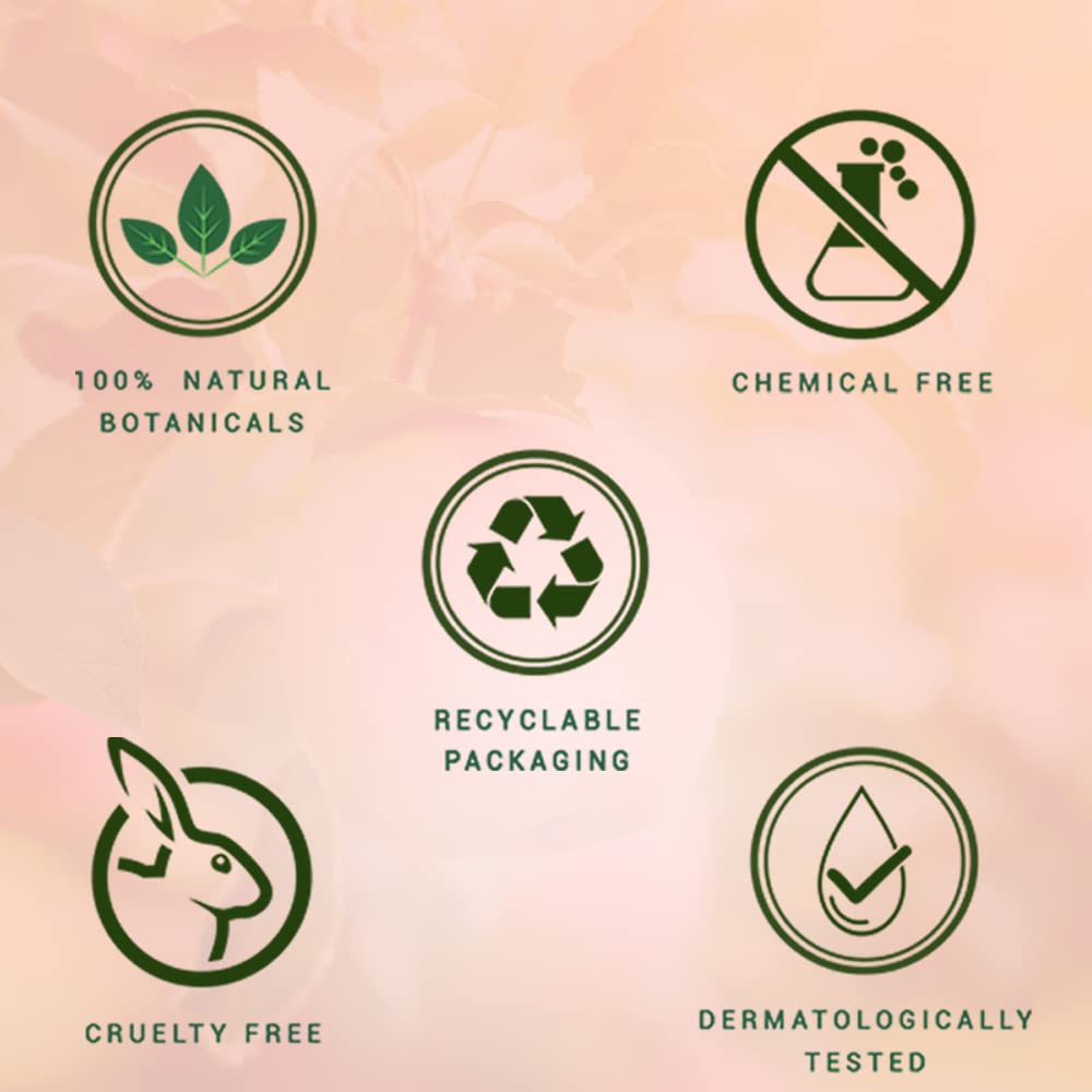 Set of green icons with text on a pink background, indicating natural botanicals, chemical free, recyclable packaging, cruelty free, and dermatologically tested.