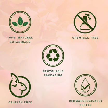 Set of green icons with text on a pink background, indicating natural botanicals, chemical free, recyclable packaging, cruelty free, and dermatologically tested.