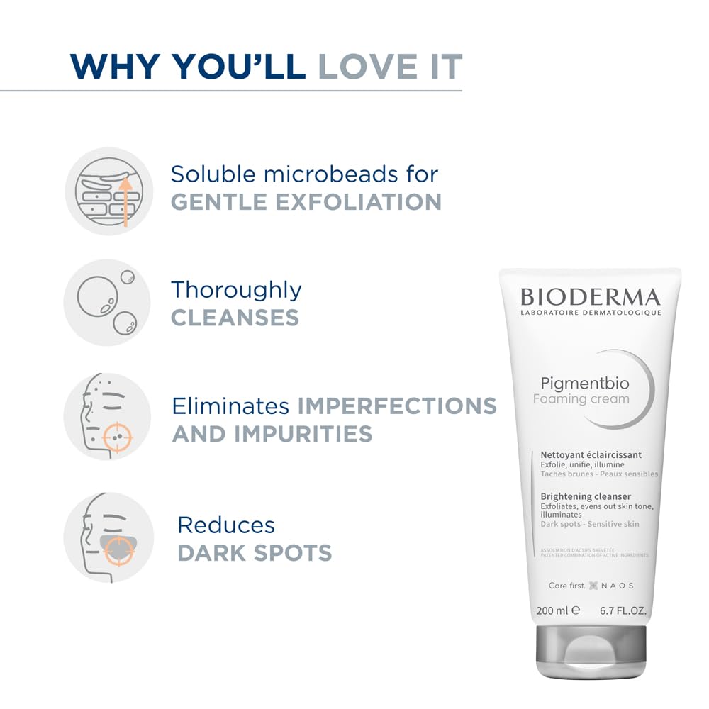Bioderma Pigmentbio Foaming Cream with benefits listed on a white background