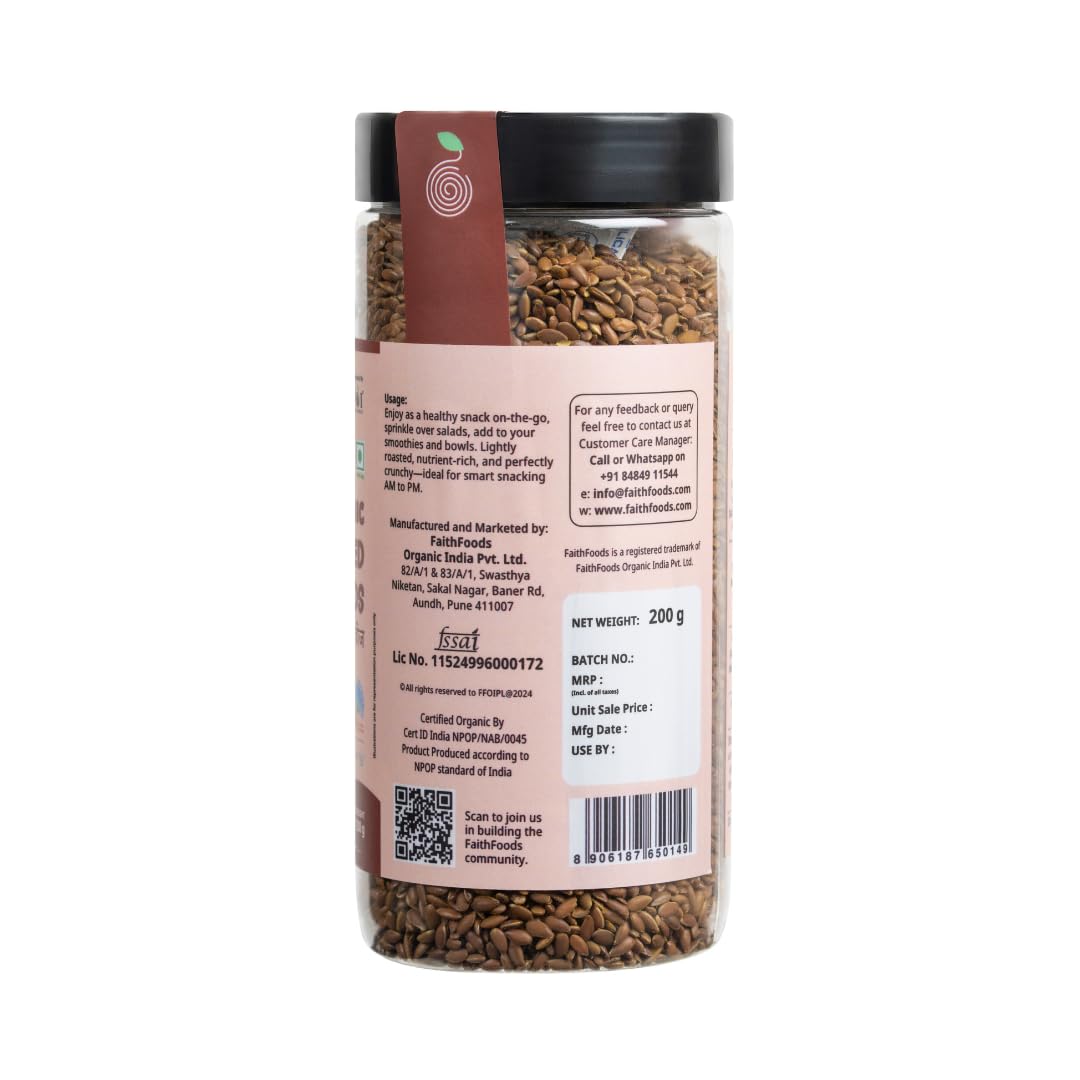 FaithFoods 100% Organic Roasted Flax Seeds 200g | Alsi Seeds | Enriched with Turmeric & Black Salt | Omega-3 Rich | High Fibre | Diabetic Friendly | Weight Management | Superfood Snack