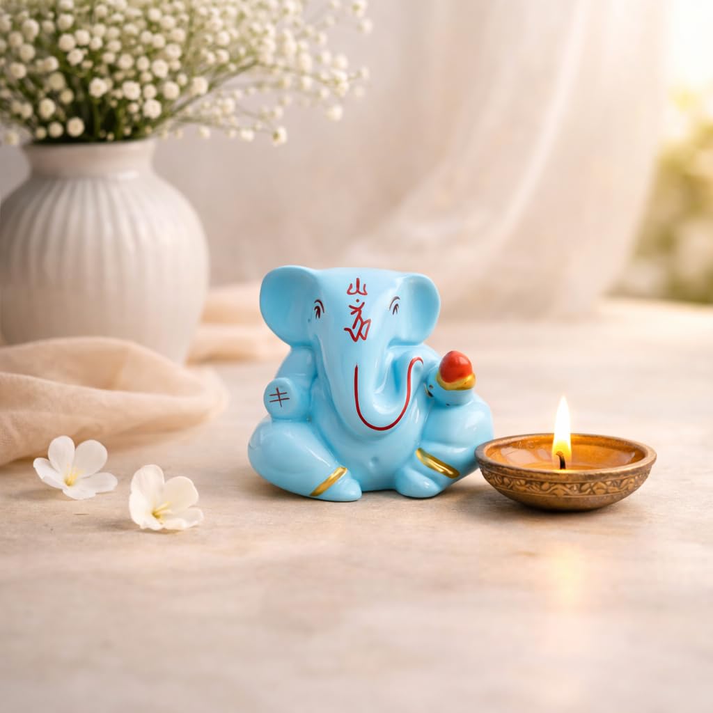 Resin Lord Ganesha Idol Car Dashboard 5x5cm (Sky Blue)