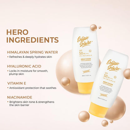 Eclipse Solaire Aqua Fusion Sunscreen SPF50 | 5X Protection with SPF 50 PA+++ | Infused with Himalayan Spring Water | Non-Greasy, For All Skin Types – 60ml