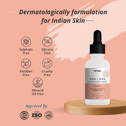 Nirvasa AHA + BHA Exfoliating Serum (30ml) | 10% AHA, 2% BHA & Lime Pearl | Removes Dead Skin Cells, Refines Pores, Improves Texture & Brightens | Silicon-Free, Paraben-Free & Cruelty-Free