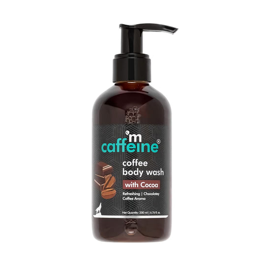 Bottle of M Caffeine coffee body wash with cocoa on a white background