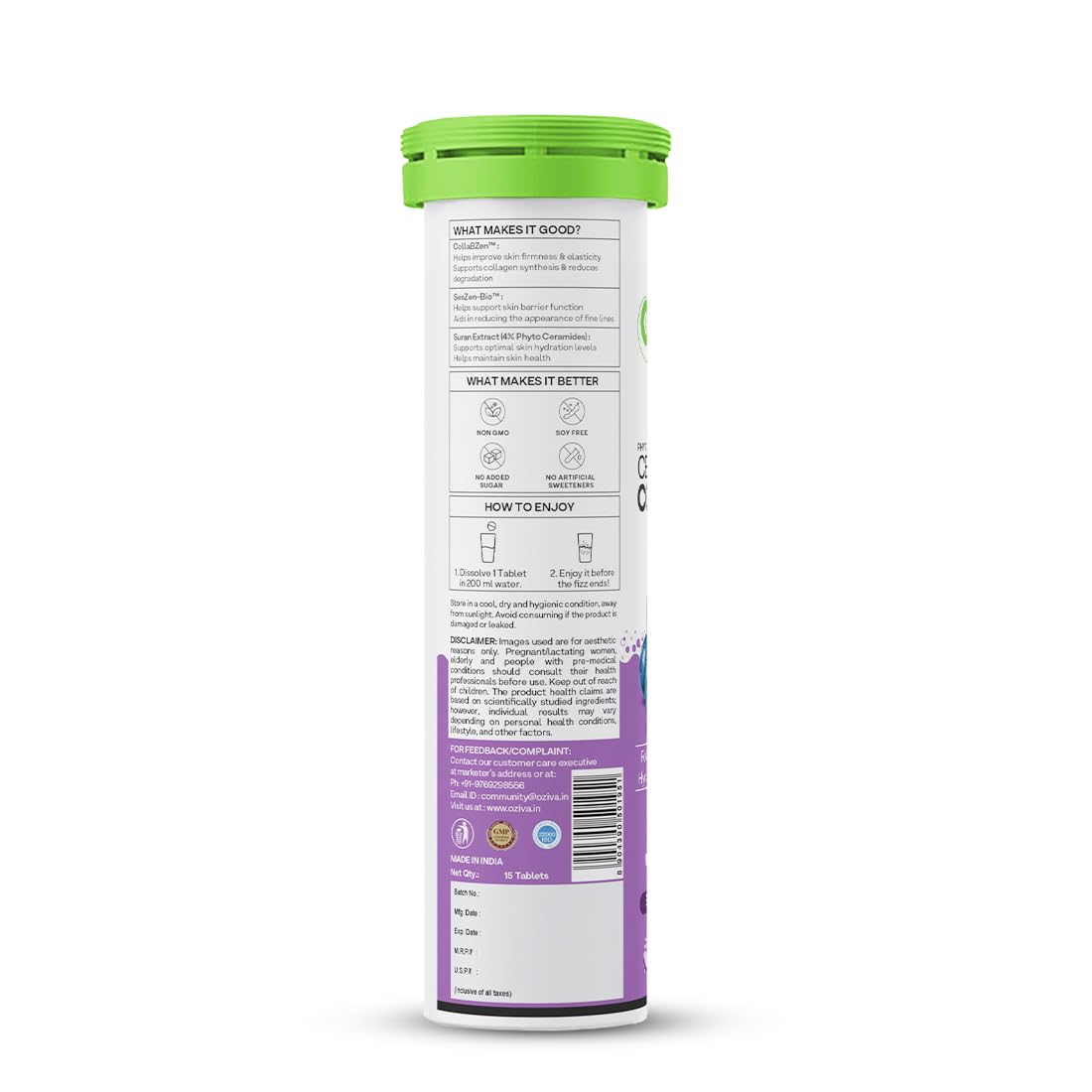 OZiva Phyto Ceramides+ Collagen Builder, Skin Hydration, Blueberry, 15 Tabs