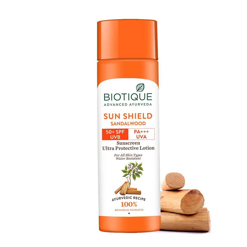 Biotique Sun Shield Sandalwood sunscreen lotion bottle on a white background