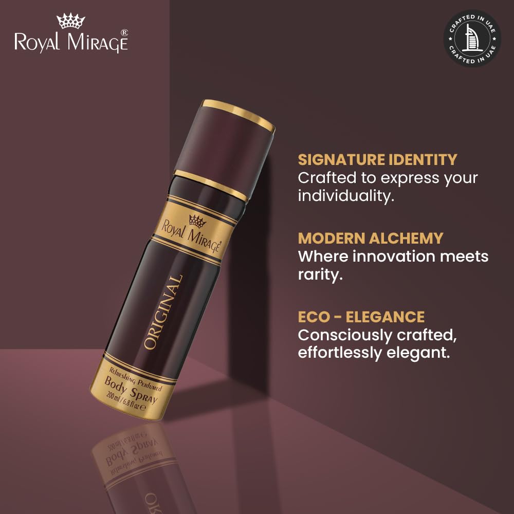 Royal Mirage body soap with branding and product description on a dark background