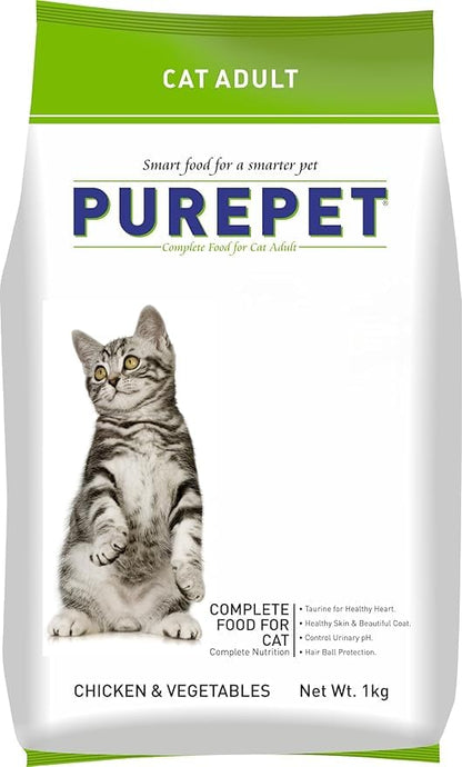 Purepet Adult Dry Cat Food 1kg Pack | Chicken & Vegetable Flavour | Prevents Hairballs | Supports Heart Function | Promotes Skin Wellness | Enriched with Taurine