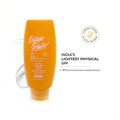 Eclipse Solaire Active Physical / Mineral Sunscreen SPF50 PA++++ | Clinically Tested | No White Cast | Broad Spectrum UVA/UVB & Blue Light Shield | Non-Greasy Sunscreen SPF 50 For All Skin Types – 60ml.
