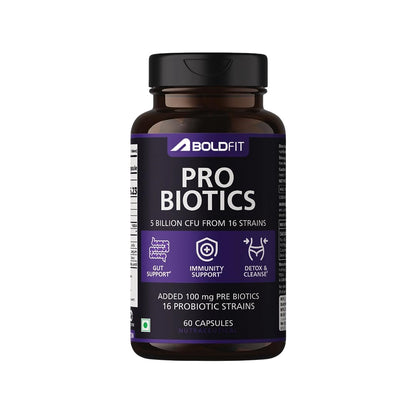 Boldfit Probiotics 5 Billion CFU with 16 Strains and Prebiotics for Gut Cleanse Detox Digestive Health Bloating Relief Constipation Probiotic Supplement for Men and Women Supports Immunity Booster - 60 Veg Capsules