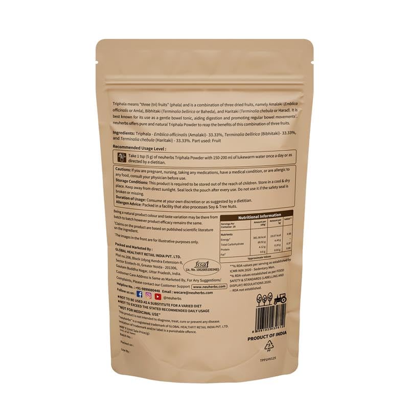 Neuherbs Organic Triphala Powder - 100 GM | Triphala Churna For Gut, Immune & Intestinal Health | Helps Relieve Constipation | Herbal Supplement | Quick Acidity & Gas Relief | Certified Organic