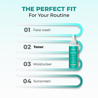 Cosmetic product with step-by-step skincare routine on a light blue background