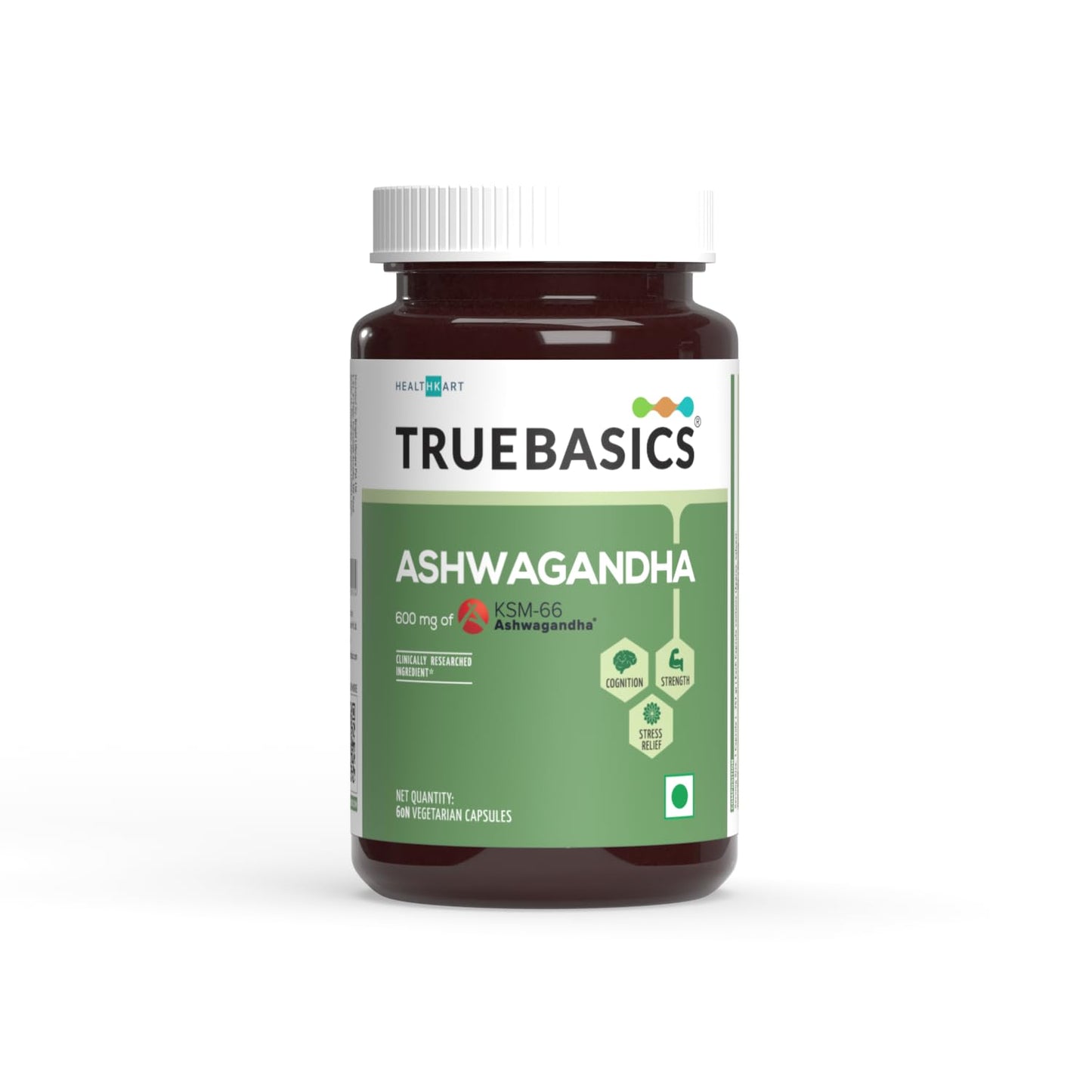 TrueBasics Ashwagandha supplement bottle on a white background