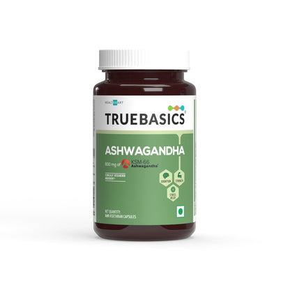 TrueBasics Ashwagandha supplement bottle on a white background