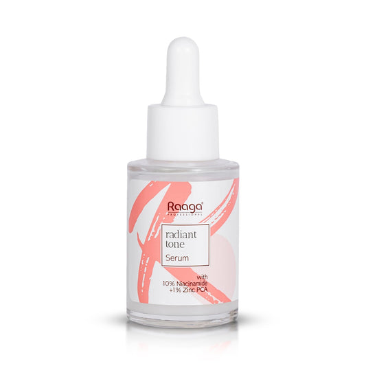 Raaga Radiant Tone Serum bottle with dropper on a white background