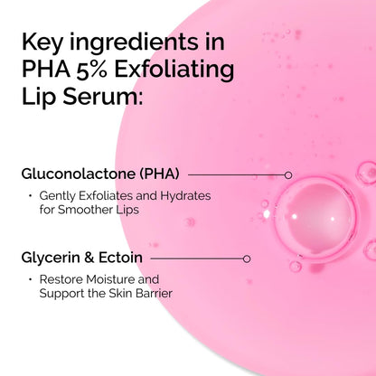 Lip serum with text detailing key ingredients and benefits