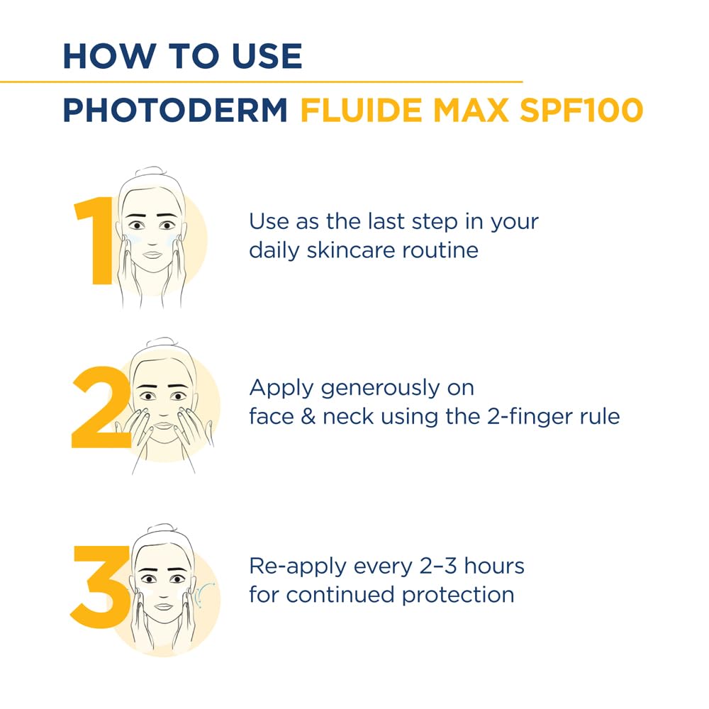 Instructions on how to use Photoderm Fluide Max SPF100 with illustrations and text.
