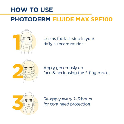 Instructions on how to use Photoderm Fluide Max SPF100 with illustrations and text.