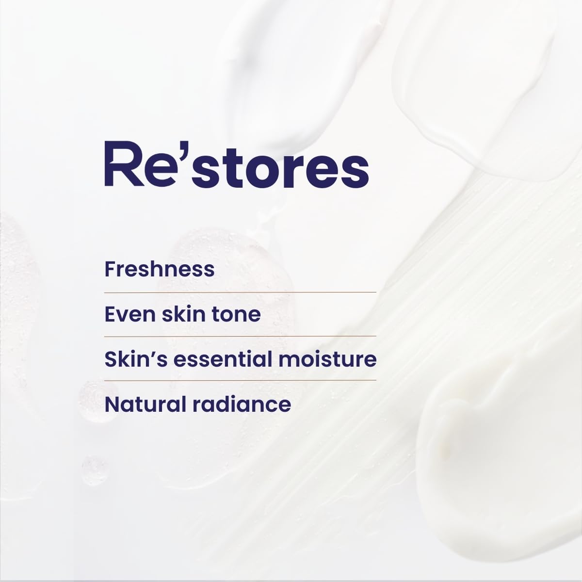 Product packaging with 'Re'stores' branding and text about skin benefits on a white background.