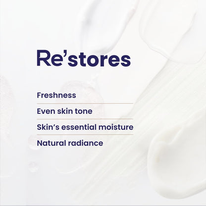 Product packaging with 'Re'stores' branding and text about skin benefits on a white background.
