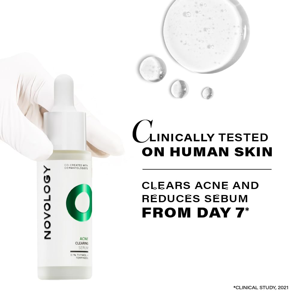 Novology skincare product with dropper and text about clinical testing on human skin.