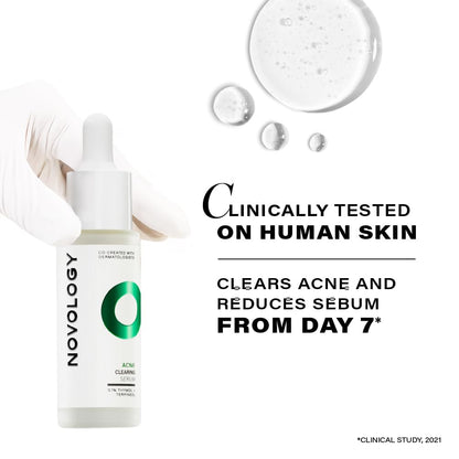 Novology skincare product with dropper and text about clinical testing on human skin.