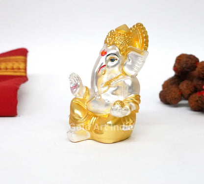 Gold Art India Gold and Silver Plated Matte Finish Ganesh Idol For Car Dashboard Ganesha Murti Ganpati Idol For Home Decor Puja Lord Ganesh Statue Gift For Office Desk Puja Room Figurine, 3 x 3 inches