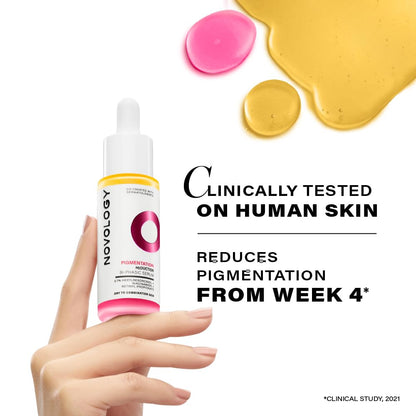 Novology skincare product with hand holding it, pigmentation reduction claims on a white background