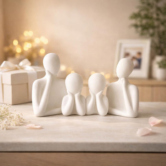 THE SACRED GIFTS Couple Family Statue Set | Ceramic Thinker Sculpture for Home Decor | Modern People Figurines for Living Room Table and Office | White Showpiece Artifact (Set of 4)