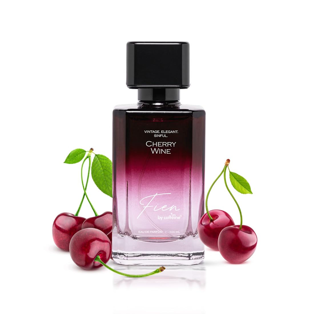 Perfume bottle labeled 'Cherry Wine' with cherries on a white background