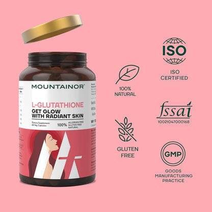 Mountainor L-Glutathione supplement bottle with certification logos on a pink background