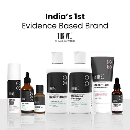 Collection of Thrive brand skincare and hair care products on a white background with text 'India's 1st Evidence Based Brand'.