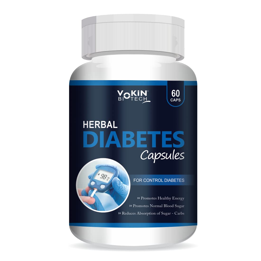 Bottle of Vokin Biotech Herbal Diabetes Capsules on a white background