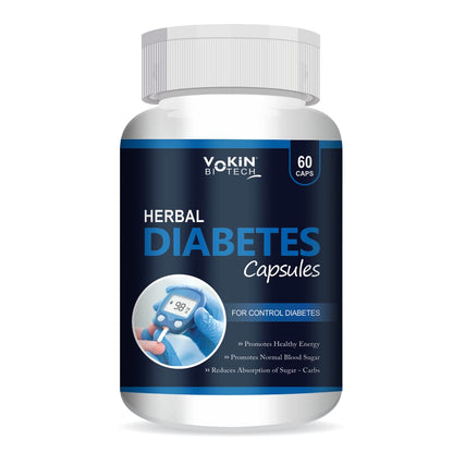Bottle of Vokin Biotech Herbal Diabetes Capsules on a white background