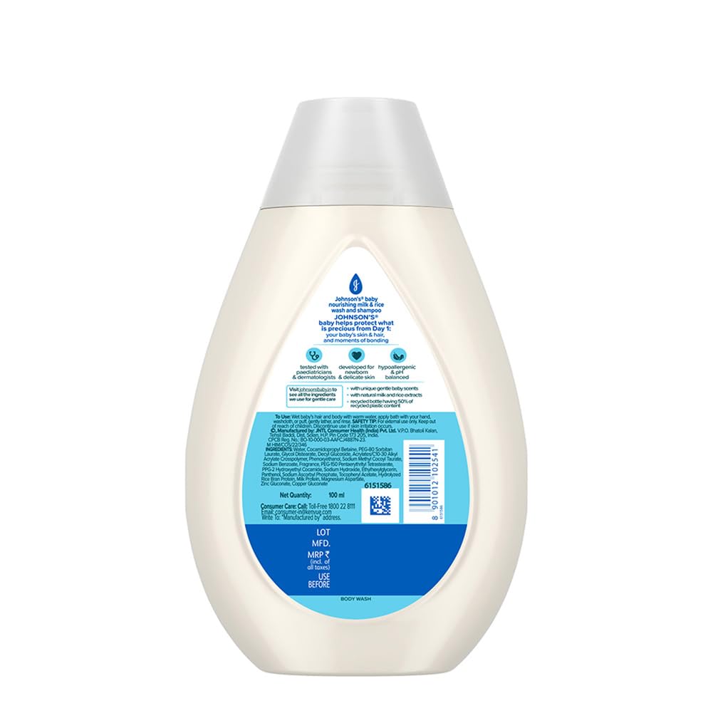 Johnson's Baby Milk & Rice Wash & Shampoo 100ml | 2-in-1 Baby Cleanser | No More Tears | Milk Protein, Rice Extracts & Multivitamins | Hypoallergenic, pH Balanced | No Parabens, Sulphates or Dyes