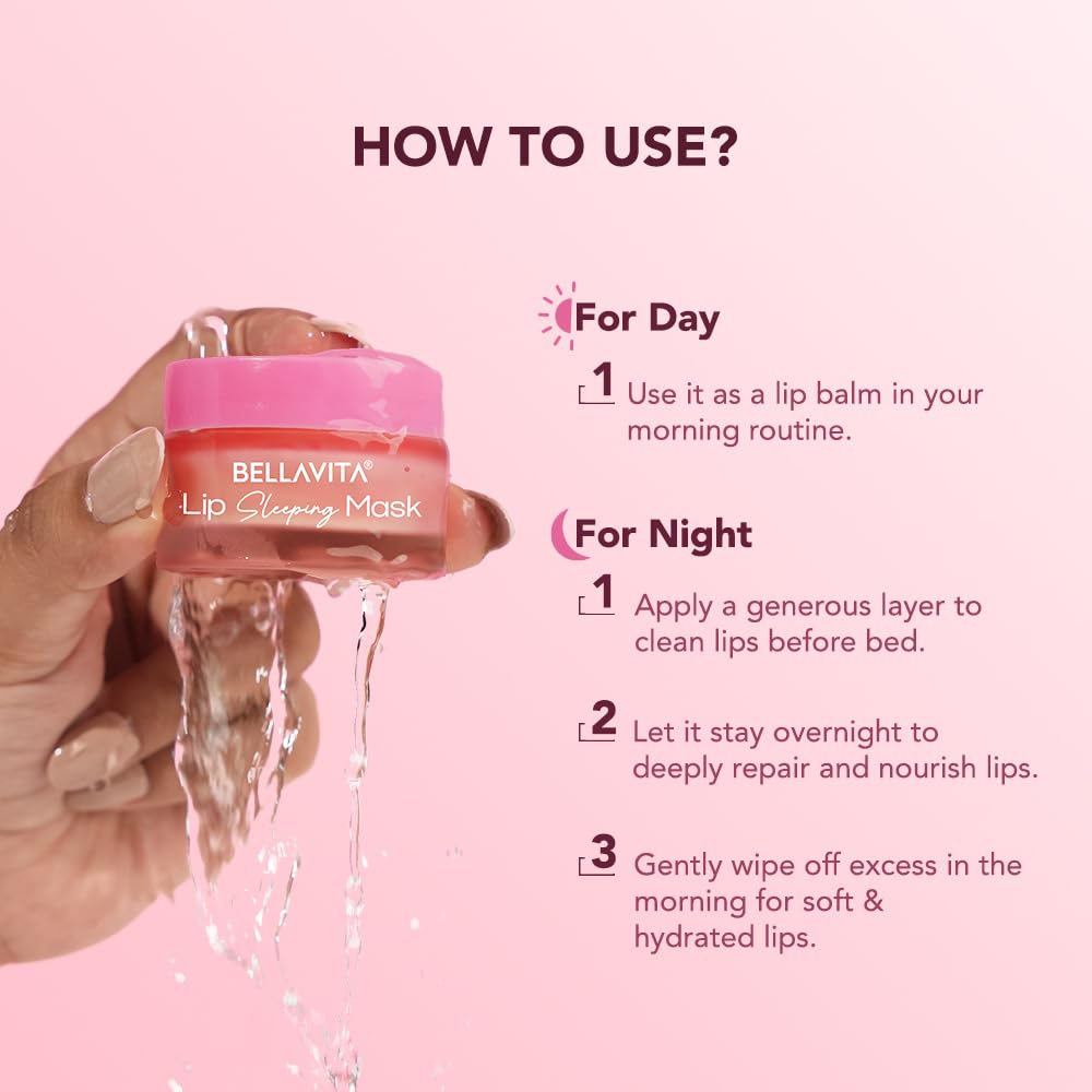 Bellavita lip sleeping mask with usage instructions on a pink background